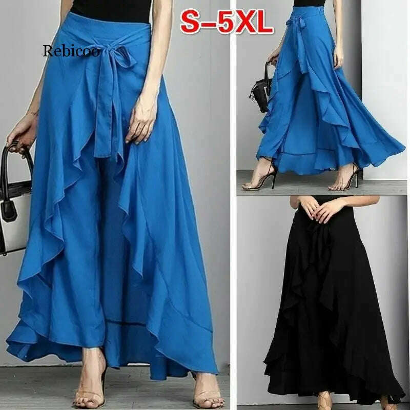 KIMLUD, Women Chiffon Knot Tie Waist Ruffle  Pants Pure Color Long Skirts Style Elegant Wide Leg Pants, KIMLUD Womens Clothes