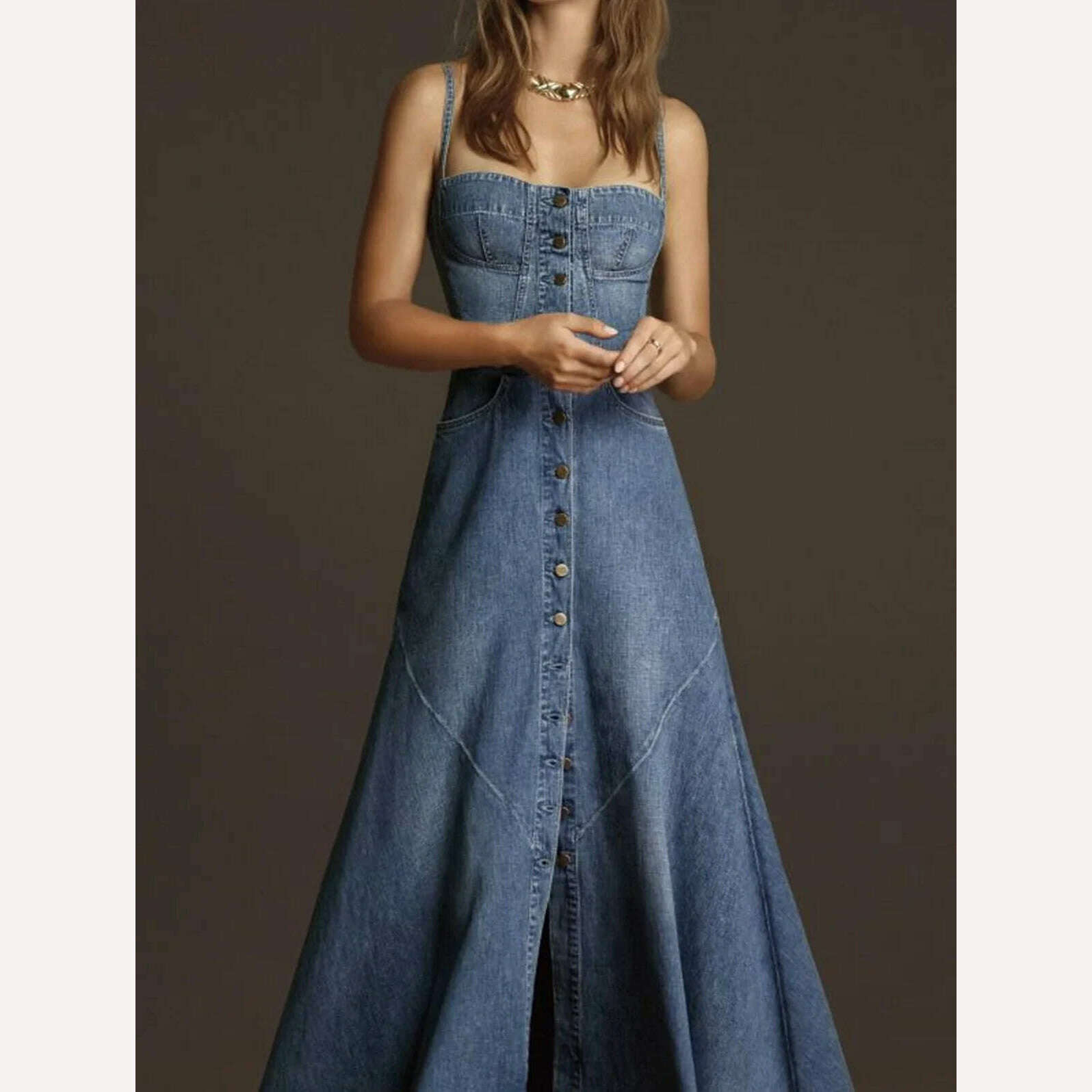 KIMLUD, Women Denim Dress Sleeveless Square Collar Sling Jean Slim Fit Long Dress Summer Elegant Female Buttons Maxi Dress Solid Robes, KIMLUD Womens Clothes