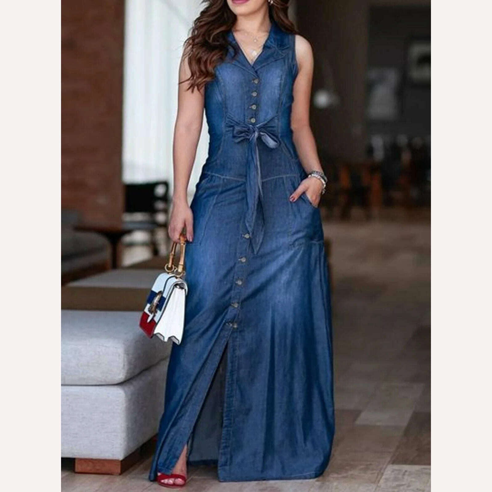 KIMLUD, Women Denim Dress Sleeveless Square Collar Sling Jean Slim Fit Long Dress Summer Elegant Female Buttons Maxi Dress Solid Robes, KIMLUD Womens Clothes