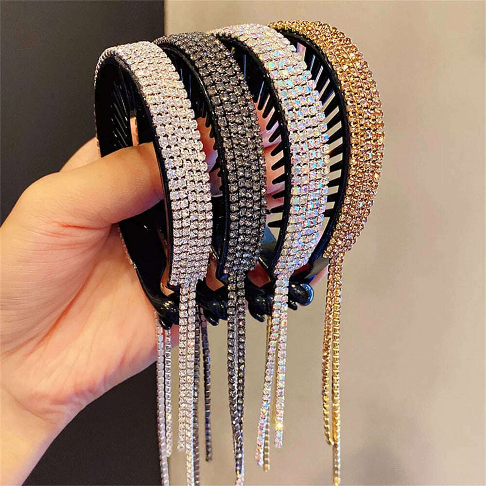 Women Elegant Luxury Rhinestone Hair Claws Crystal Tassel Ponytail Hairpin Hair Accessories for Wedding Party - KIMLUD