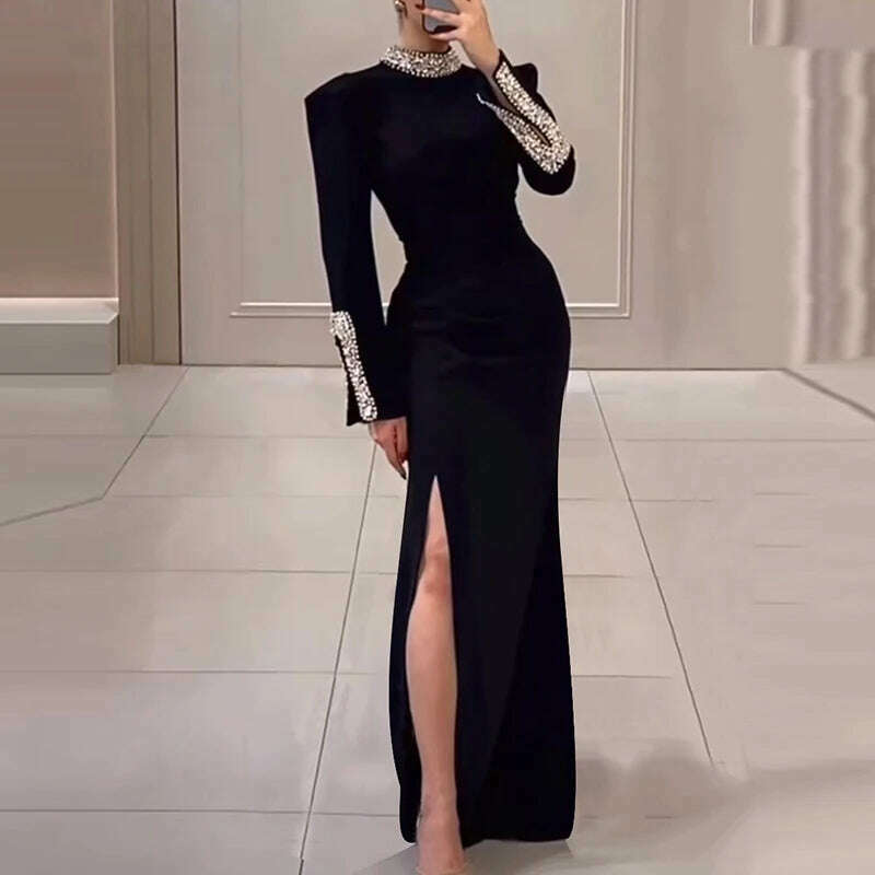 Women Elegant Solid High Slit Party Dress Temperament Long Sleeve Slim Evening Gala Dress Turtleneck Rhinestone Banquet Dresses - KIMLUD