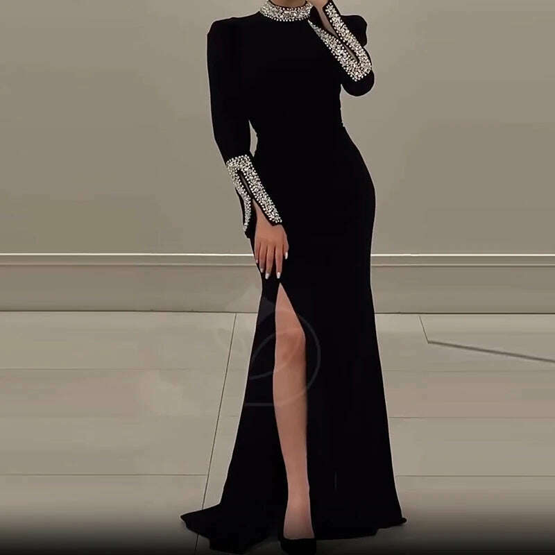 Women Elegant Solid High Slit Party Dress Temperament Long Sleeve Slim Evening Gala Dress Turtleneck Rhinestone Banquet Dresses - KIMLUD