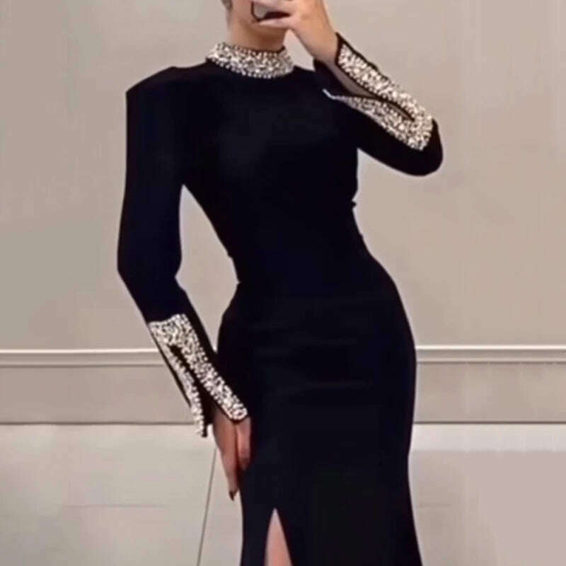 Women Elegant Solid High Slit Party Dress Temperament Long Sleeve Slim Evening Gala Dress Turtleneck Rhinestone Banquet Dresses - KIMLUD