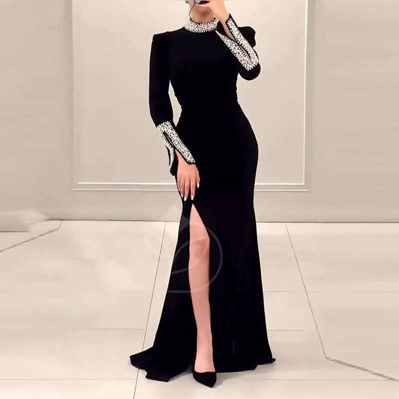 Women Elegant Solid High Slit Party Dress Temperament Long Sleeve Slim Evening Gala Dress Turtleneck Rhinestone Banquet Dresses - KIMLUD