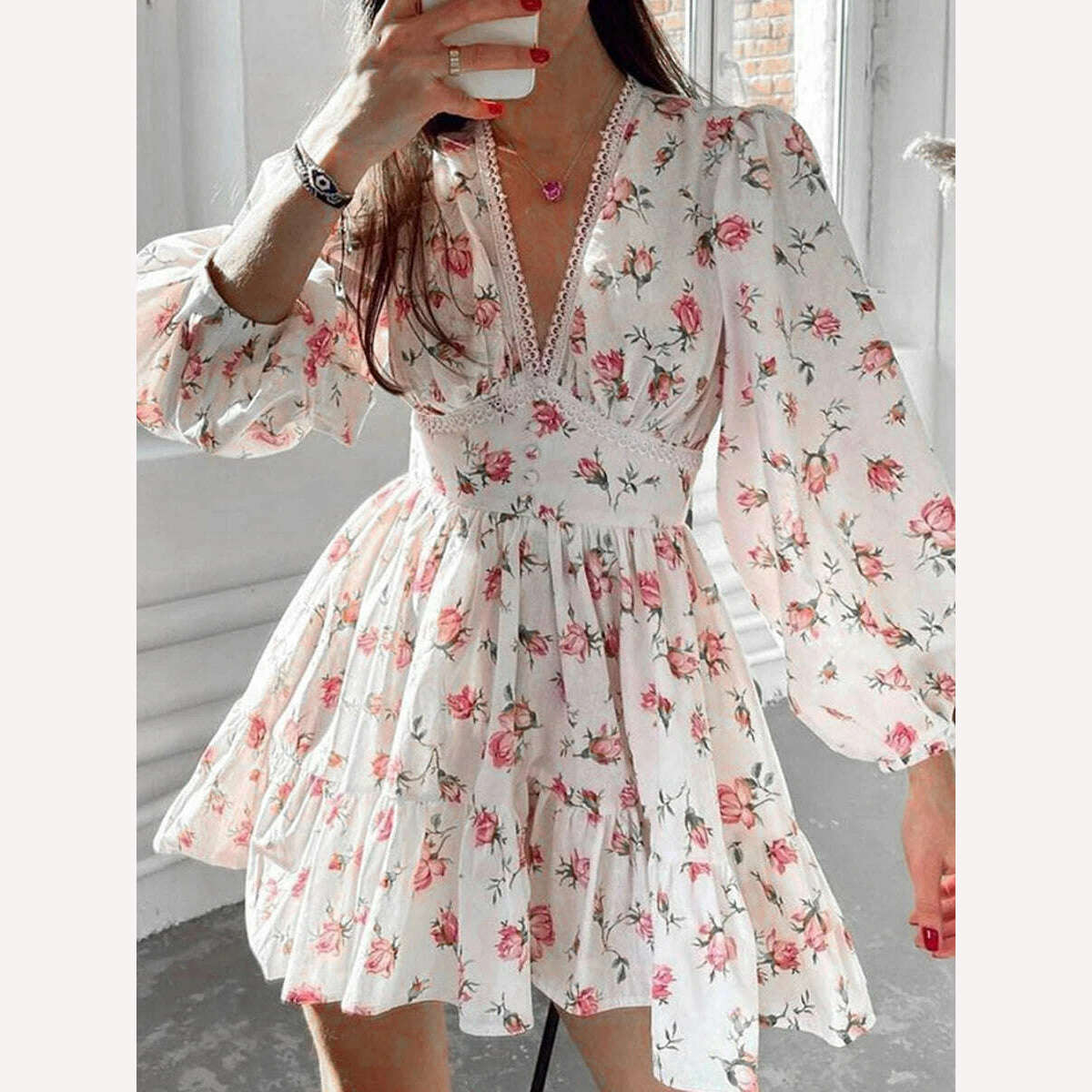 Women Elegant Summer Dress Long Sleeve Floral Print Mini Dress Deep V Ruffle A-Line Fairy Flowy Swing Mini Dress - KIMLUD