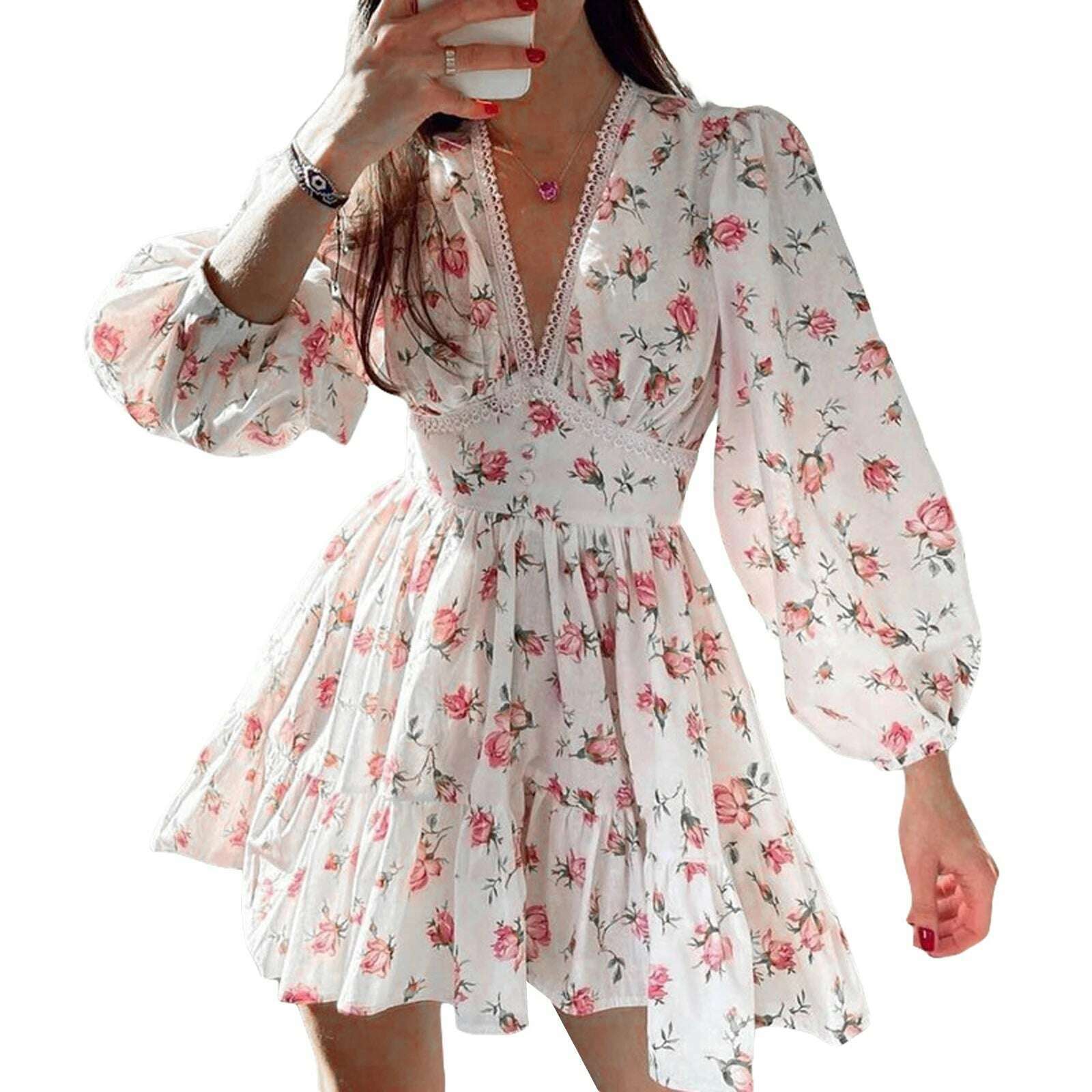 Women Elegant Summer Dress Long Sleeve Floral Print Mini Dress Deep V Ruffle A-Line Fairy Flowy Swing Mini Dress - KIMLUD