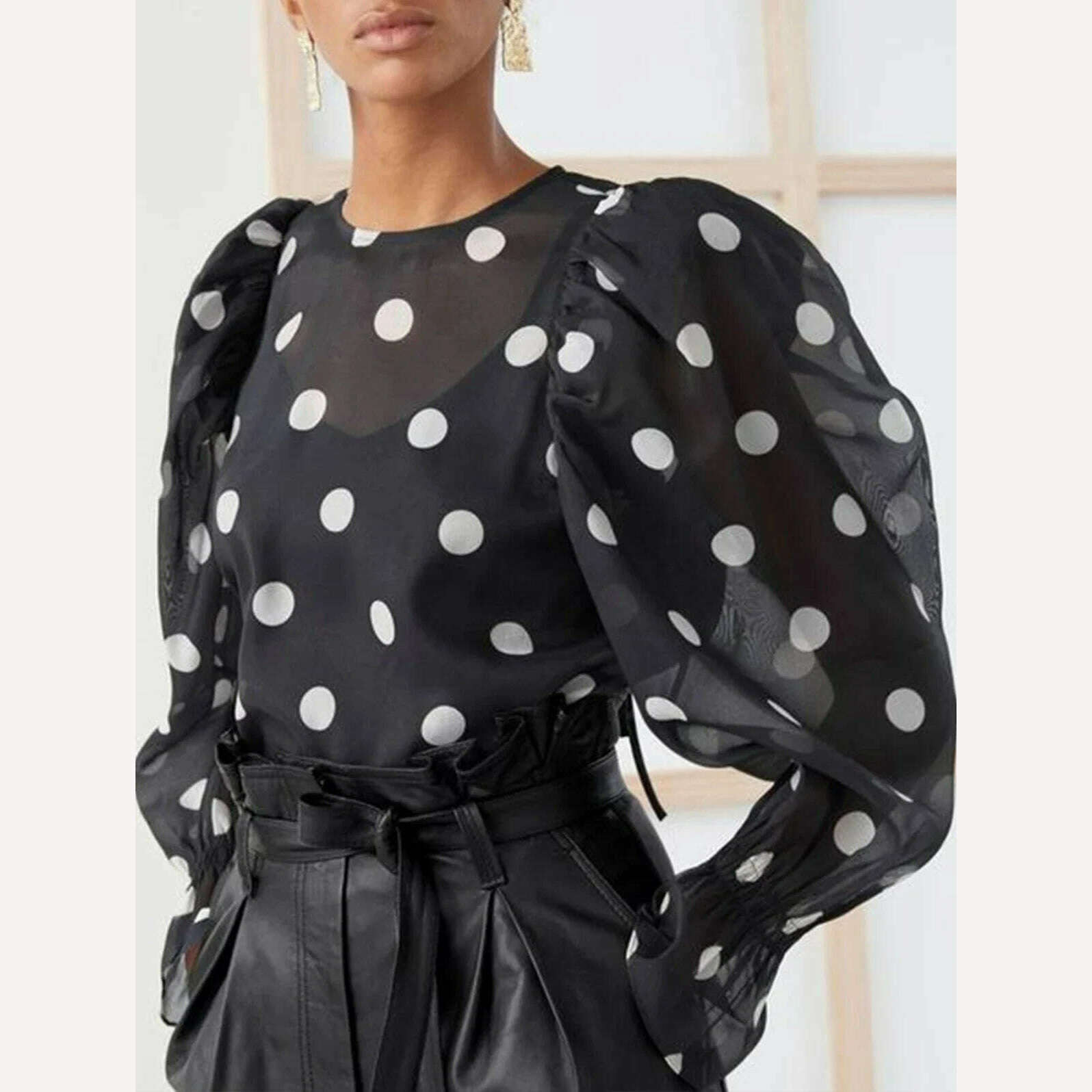 KIMLUD, Women Fashion Casual Sexy Elegant Long Sleeve Round Neck Mesh Polka Dot Lantern Sleeve Loose Blouses Shirts Vintage Tops 2024, Black / XL / CHINA, KIMLUD APPAREL - Womens Clothes