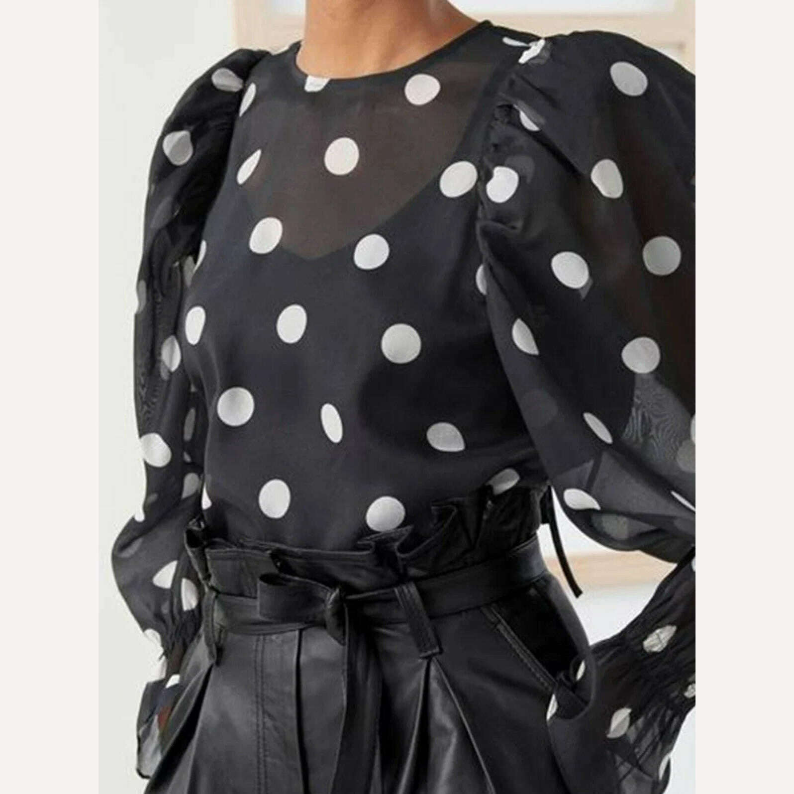 KIMLUD, Women Fashion Casual Sexy Elegant Long Sleeve Round Neck Mesh Polka Dot Lantern Sleeve Loose Blouses Shirts Vintage Tops 2024, KIMLUD Womens Clothes