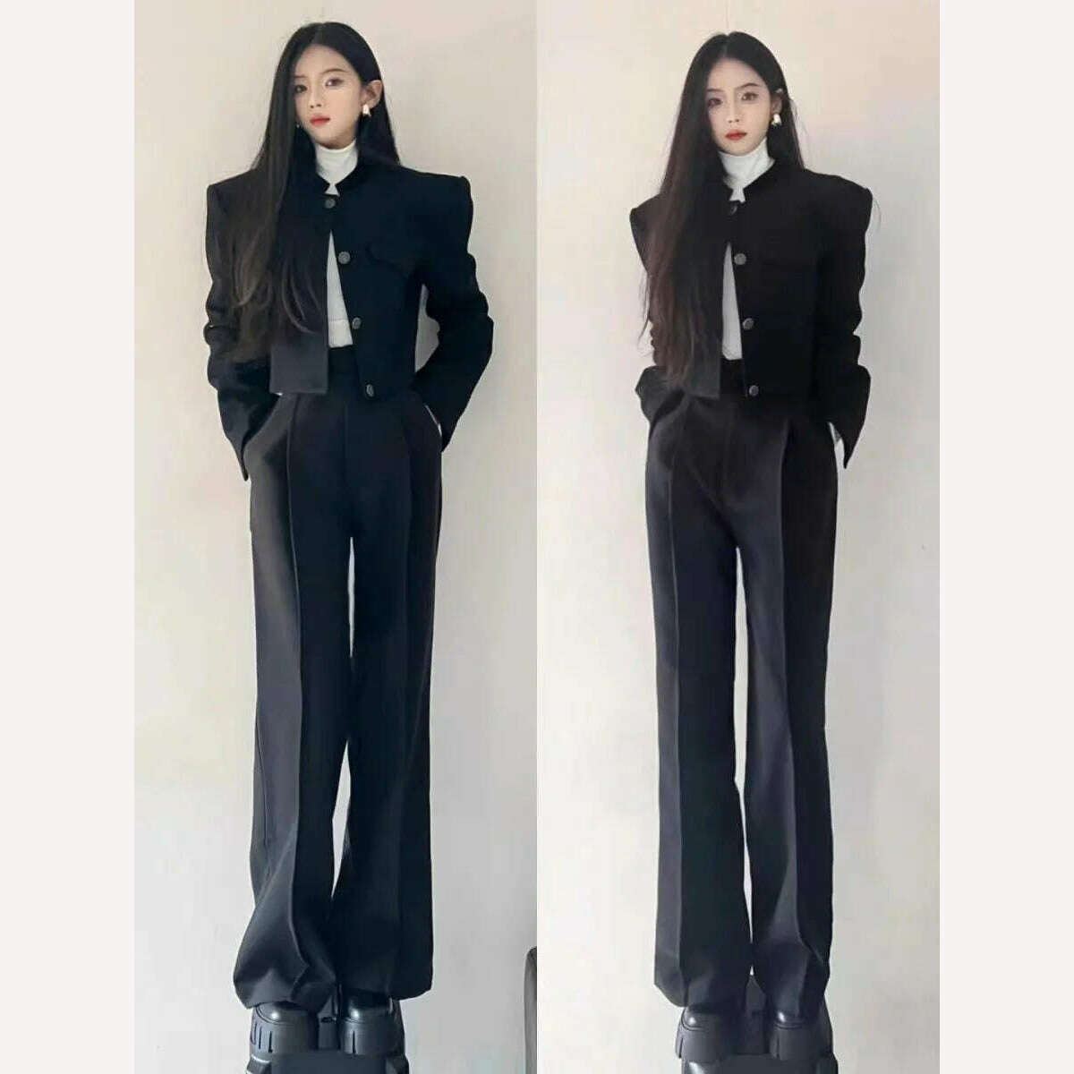 Women Fashion Elegant Casual Business Black Trousers Suit Vintage Crop Blazer Jackets and Pants Two Pieces Set Female Pantsuits - KIMLUD