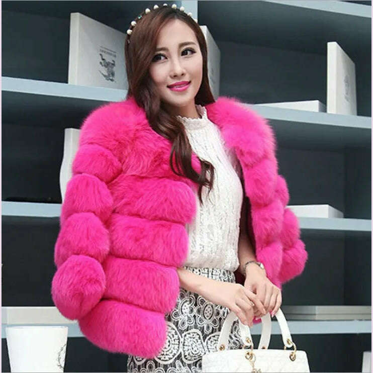 KIMLUD, Women Faux Fur Coat Autumn Winter High Quality Fluffy Short Coat Faux Fur Jacket Ladies furry Fashion Tops, Rose Red / XXS, KIMLUD APPAREL - Womens Clothes