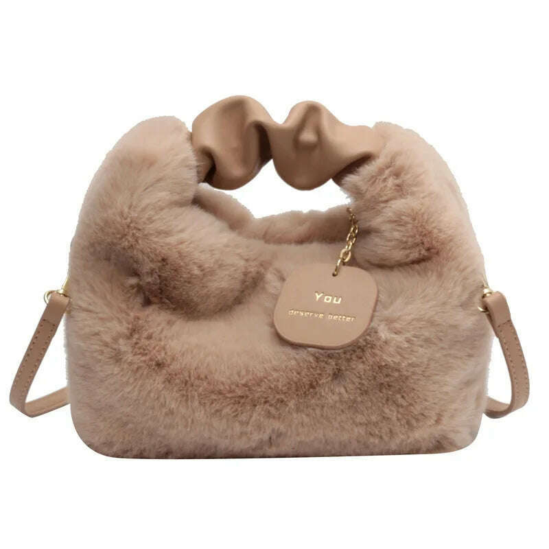 KIMLUD, Women Faux Fur Handbags Zipper Small Lady Shoulder Crossbody Bag Casual Tote Half-Moon Hobos Winder, A style light coffee, KIMLUD APPAREL - Womens Clothes