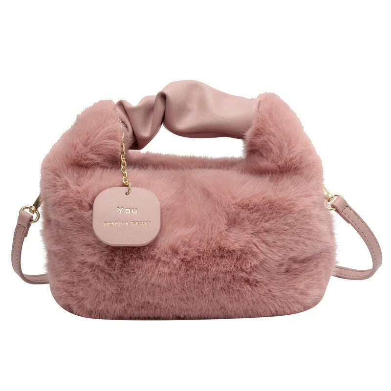 KIMLUD, Women Faux Fur Handbags Zipper Small Lady Shoulder Crossbody Bag Casual Tote Half-Moon Hobos Winder, A style pink, KIMLUD APPAREL - Womens Clothes