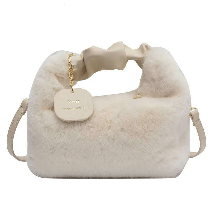 KIMLUD, Women Faux Fur Handbags Zipper Small Lady Shoulder Crossbody Bag Casual Tote Half-Moon Hobos Winder, A style white, KIMLUD APPAREL - Womens Clothes