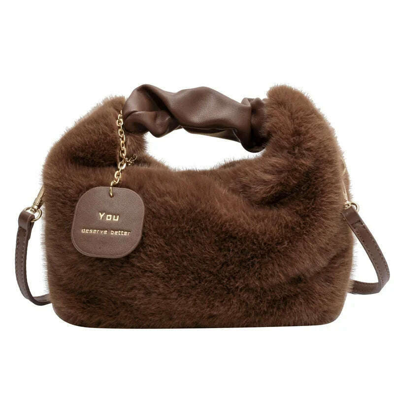 KIMLUD, Women Faux Fur Handbags Zipper Small Lady Shoulder Crossbody Bag Casual Tote Half-Moon Hobos Winder, A style dark coffee, KIMLUD APPAREL - Womens Clothes