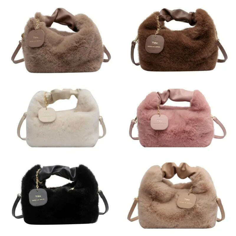 KIMLUD, Women Faux Fur Handbags Zipper Small Lady Shoulder Crossbody Bag Casual Tote Half-Moon Hobos Winder, KIMLUD Womens Clothes