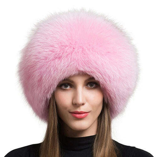 KIMLUD, Women Fur Hat Winter Warm 100% Real Fox Fur Caps Russian Cossack Style Hat For Ladies Fashion Winter Ear Flap Hats Snow Caps, Pink / 53-60cm, KIMLUD APPAREL - Womens Clothes