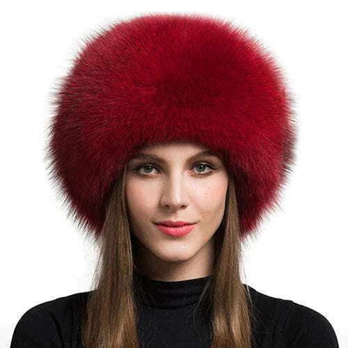 KIMLUD, Women Fur Hat Winter Warm 100% Real Fox Fur Caps Russian Cossack Style Hat For Ladies Fashion Winter Ear Flap Hats Snow Caps, Red / 53-60cm, KIMLUD APPAREL - Womens Clothes