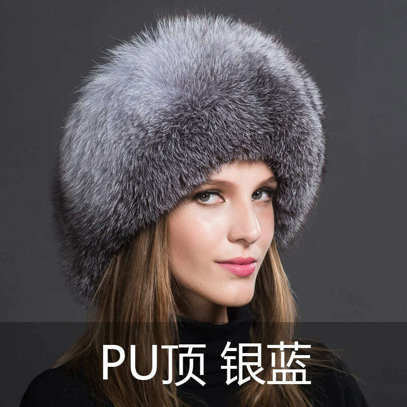 KIMLUD, Women Fur Hat Winter Warm 100% Real Fox Fur Caps Russian Cossack Style Hat For Ladies Fashion Winter Ear Flap Hats Snow Caps, Sliver fox / 53-60cm, KIMLUD APPAREL - Womens Clothes