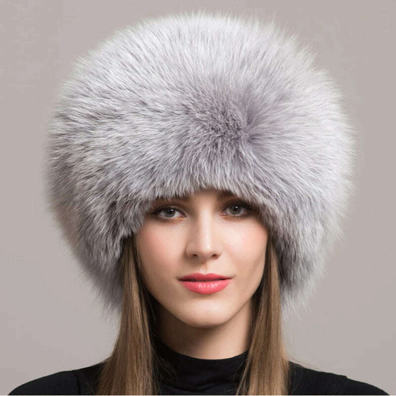 KIMLUD, Women Fur Hat Winter Warm 100% Real Fox Fur Caps Russian Cossack Style Hat For Ladies Fashion Winter Ear Flap Hats Snow Caps, Gray / 53-60cm, KIMLUD APPAREL - Womens Clothes