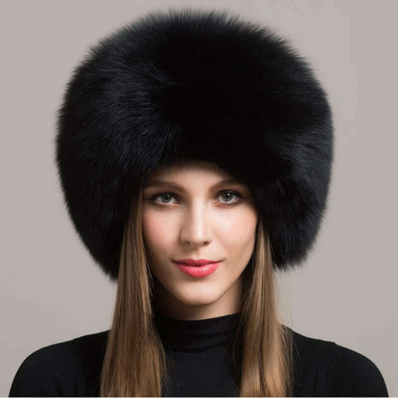 KIMLUD, Women Fur Hat Winter Warm 100% Real Fox Fur Caps Russian Cossack Style Hat For Ladies Fashion Winter Ear Flap Hats Snow Caps, KIMLUD Womens Clothes