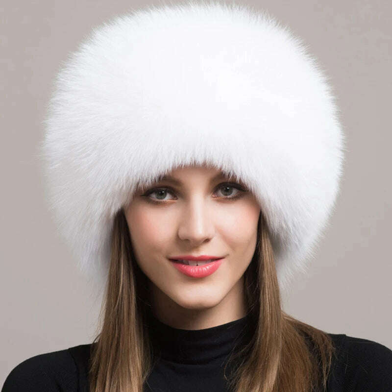 KIMLUD, Women Fur Hat Winter Warm 100% Real Fox Fur Caps Russian Cossack Style Hat For Ladies Fashion Winter Ear Flap Hats Snow Caps, KIMLUD Womens Clothes