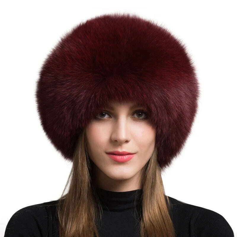 KIMLUD, Women Fur Hat Winter Warm 100% Real Fox Fur Caps Russian Cossack Style Hat For Ladies Fashion Winter Ear Flap Hats Snow Caps, KIMLUD Womens Clothes