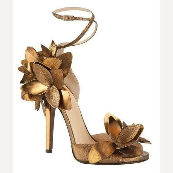 Women Gold Flowers Stiletto Sandals Summer Black Straps Peep Toe Luxury Designer Leather High Heels Plus Size Party Dress Shoes - KIMLUD