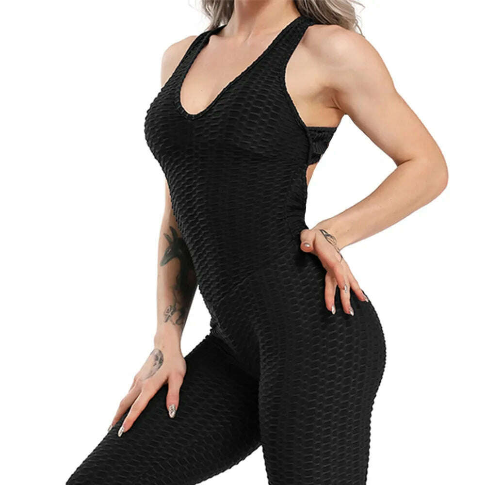 KIMLUD, Women Halter Yoga Set Black Activewear Sexy Bandage Sleeveless Jumpsuit Skinny Rompers Solid Elastic Bodycon Fitness Sport Suits, KIMLUD Womens Clothes