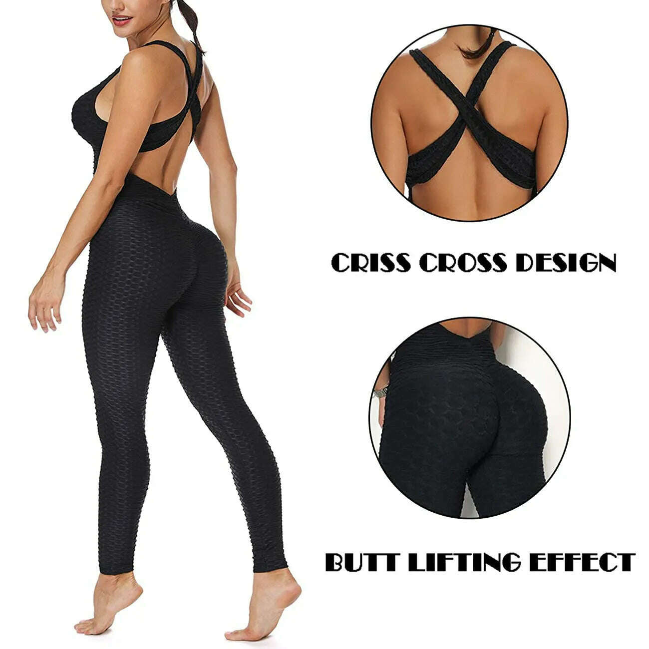 KIMLUD, Women Halter Yoga Set Black Activewear Sexy Bandage Sleeveless Jumpsuit Skinny Rompers Solid Elastic Bodycon Fitness Sport Suits, KIMLUD Womens Clothes