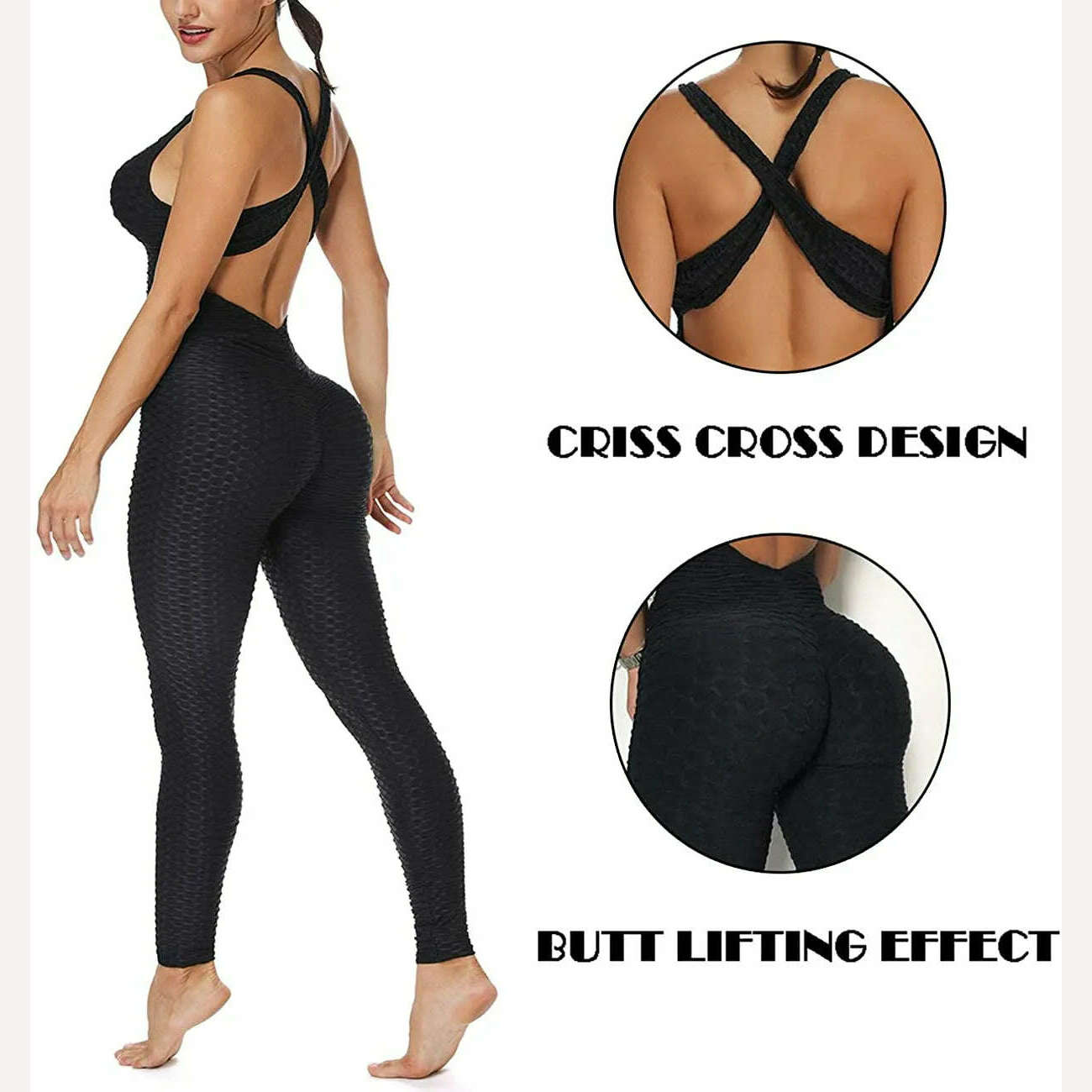 KIMLUD, Women Halter Yoga Set Black Activewear Sexy Bandage Sleeveless Jumpsuit Skinny Rompers Solid Elastic Bodycon Fitness Sport Suits, KIMLUD Womens Clothes