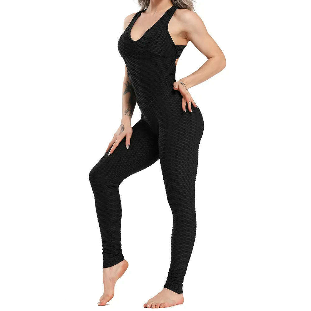 KIMLUD, Women Halter Yoga Set Black Activewear Sexy Bandage Sleeveless Jumpsuit Skinny Rompers Solid Elastic Bodycon Fitness Sport Suits, KIMLUD Womens Clothes