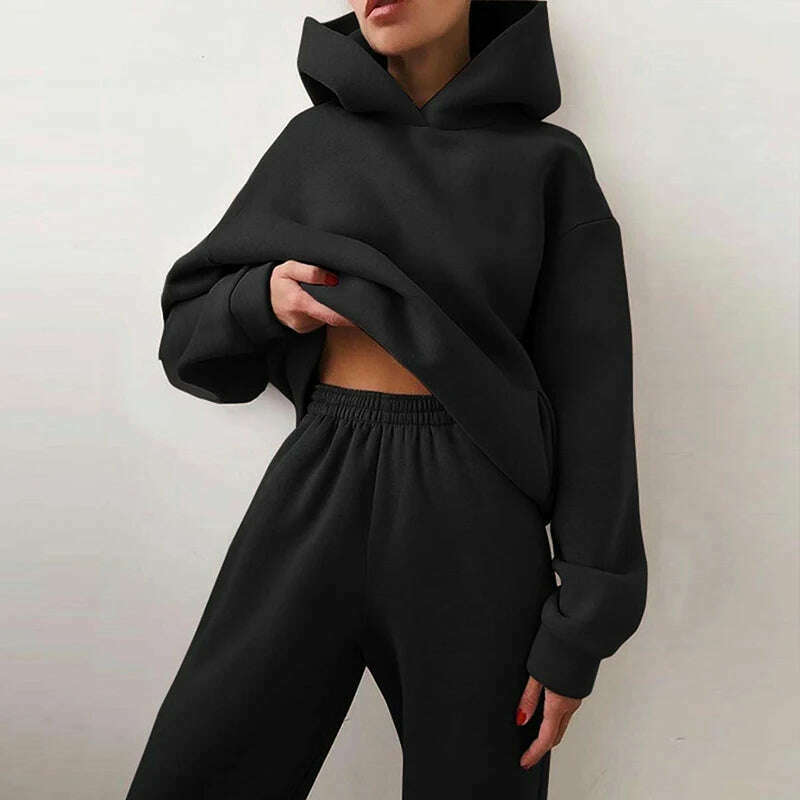 Women Hooded Tracksuit Sports 2 Pieces Set Streetwear Sweatshirts Pullover Pants Suit Home Sweatpants Trousers Outfits 2023 - KIMLUD