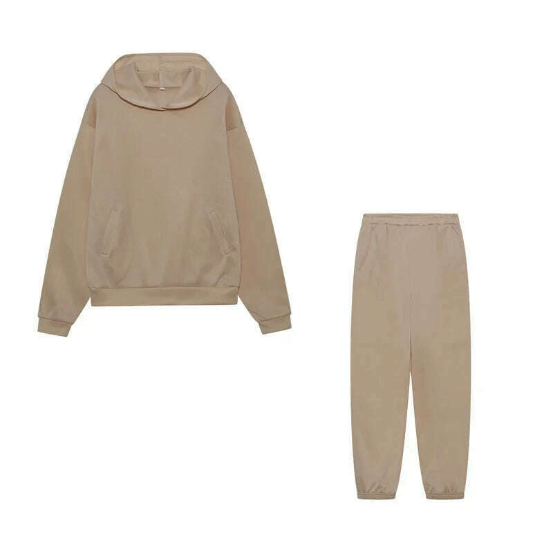 KIMLUD, Women Hooded Tracksuit Sports 2 Pieces Set Streetwear Sweatshirts Pullover Pants Suit Home Sweatpants Trousers Outfits 2023, Khaki / XXL, KIMLUD APPAREL - Womens Clothes