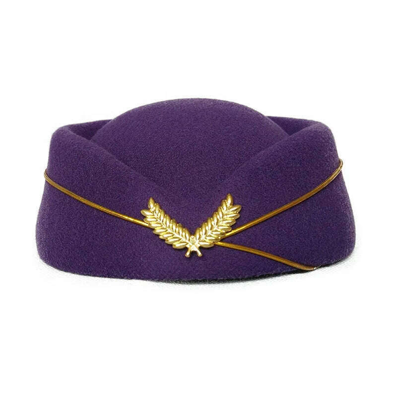 KIMLUD, Women Imitation Felt Cap Ladies Pillbox Hats with Gold insignia Solid Beret Stewardess Air Hostesses Hat Base Sweet Fedoras, Purple / 56-58cm, KIMLUD APPAREL - Womens Clothes