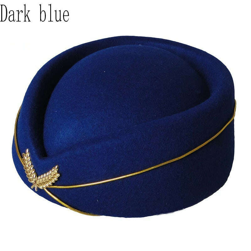 KIMLUD, Women Imitation Felt Cap Ladies Pillbox Hats with Gold insignia Solid Beret Stewardess Air Hostesses Hat Base Sweet Fedoras, Dark blue / 56-58cm, KIMLUD APPAREL - Womens Clothes