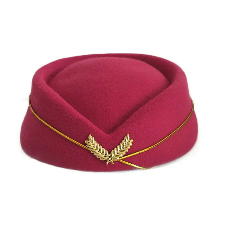 KIMLUD, Women Imitation Felt Cap Ladies Pillbox Hats with Gold insignia Solid Beret Stewardess Air Hostesses Hat Base Sweet Fedoras, Dark Hot pink / 56-58cm, KIMLUD APPAREL - Womens Clothes