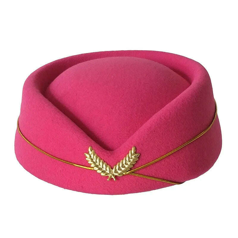 KIMLUD, Women Imitation Felt Cap Ladies Pillbox Hats with Gold insignia Solid Beret Stewardess Air Hostesses Hat Base Sweet Fedoras, Hot pink / 56-58cm, KIMLUD APPAREL - Womens Clothes