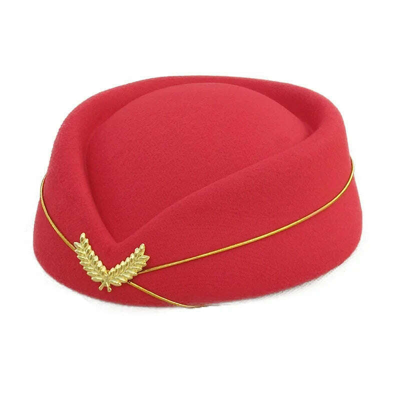 KIMLUD, Women Imitation Felt Cap Ladies Pillbox Hats with Gold insignia Solid Beret Stewardess Air Hostesses Hat Base Sweet Fedoras, Red / 56-58cm, KIMLUD APPAREL - Womens Clothes