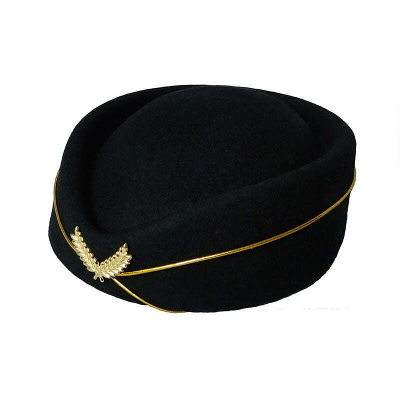 KIMLUD, Women Imitation Felt Cap Ladies Pillbox Hats with Gold insignia Solid Beret Stewardess Air Hostesses Hat Base Sweet Fedoras, Black / 56-58cm, KIMLUD APPAREL - Womens Clothes