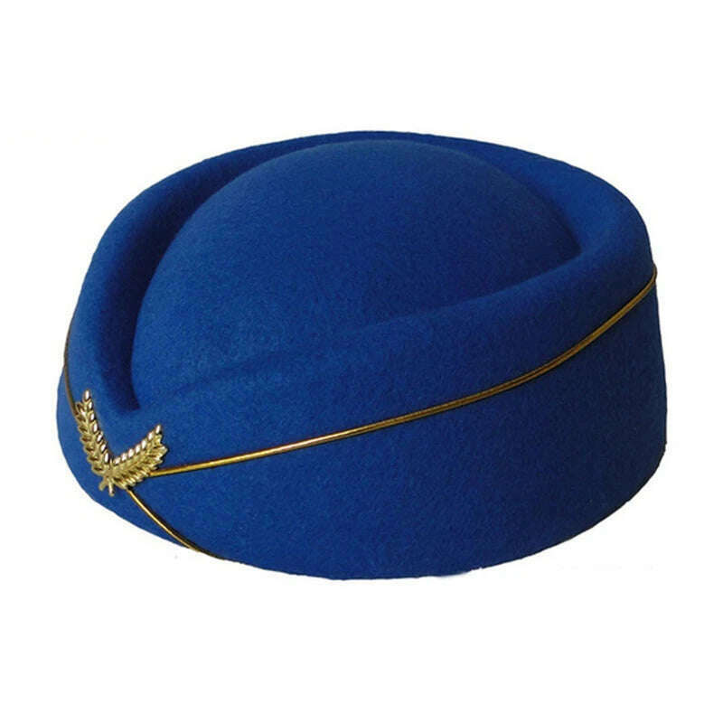 KIMLUD, Women Imitation Felt Cap Ladies Pillbox Hats with Gold insignia Solid Beret Stewardess Air Hostesses Hat Base Sweet Fedoras, Blue / 56-58cm, KIMLUD APPAREL - Womens Clothes