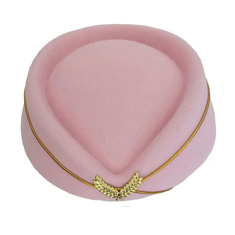 KIMLUD, Women Imitation Felt Cap Ladies Pillbox Hats with Gold insignia Solid Beret Stewardess Air Hostesses Hat Base Sweet Fedoras, Pink / 56-58cm, KIMLUD APPAREL - Womens Clothes