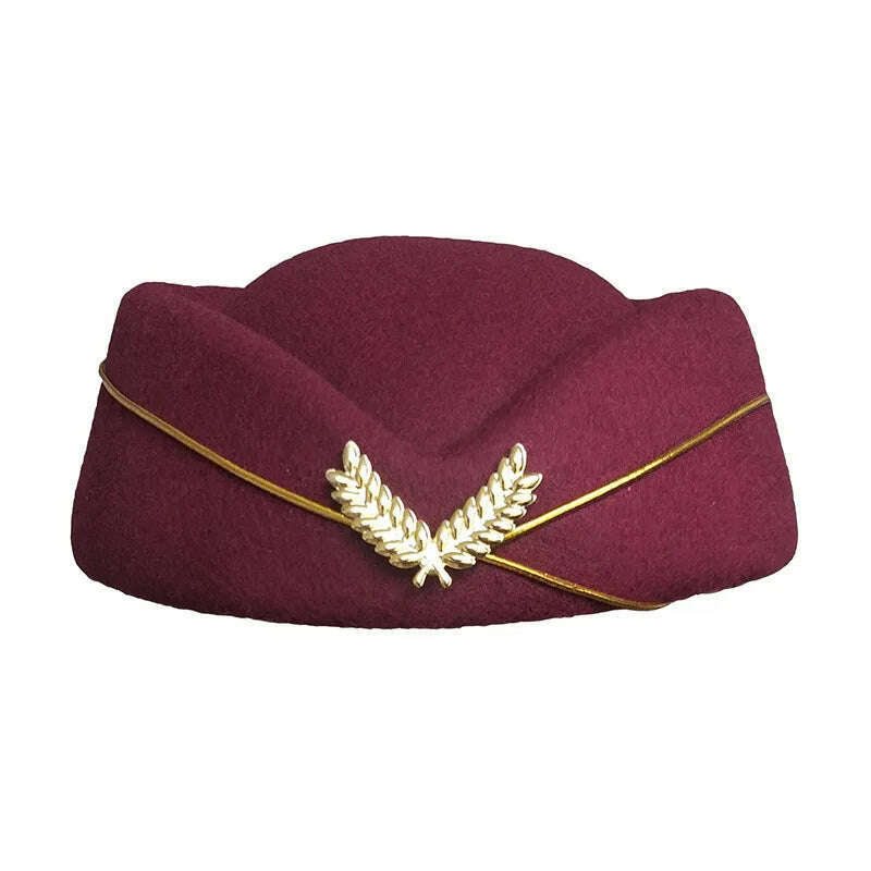 KIMLUD, Women Imitation Felt Cap Ladies Pillbox Hats with Gold insignia Solid Beret Stewardess Air Hostesses Hat Base Sweet Fedoras, Bungundy / 56-58cm, KIMLUD APPAREL - Womens Clothes