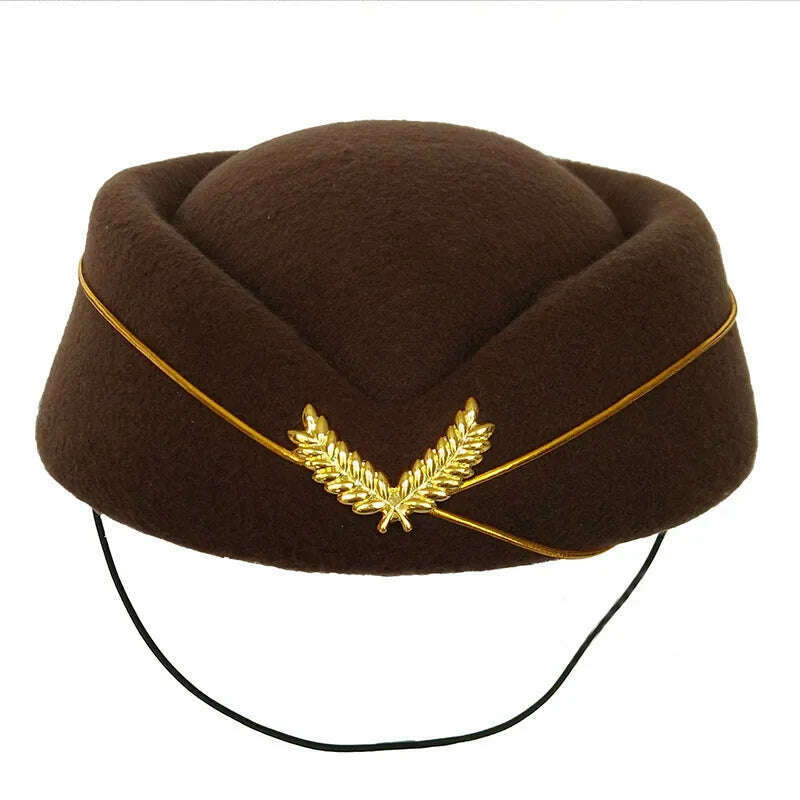 KIMLUD, Women Imitation Felt Cap Ladies Pillbox Hats with Gold insignia Solid Beret Stewardess Air Hostesses Hat Base Sweet Fedoras, Coffee / 56-58cm, KIMLUD APPAREL - Womens Clothes