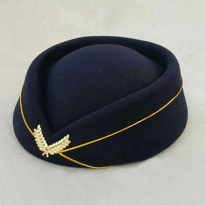 KIMLUD, Women Imitation Felt Cap Ladies Pillbox Hats with Gold insignia Solid Beret Stewardess Air Hostesses Hat Base Sweet Fedoras, Navy / 56-58cm, KIMLUD APPAREL - Womens Clothes