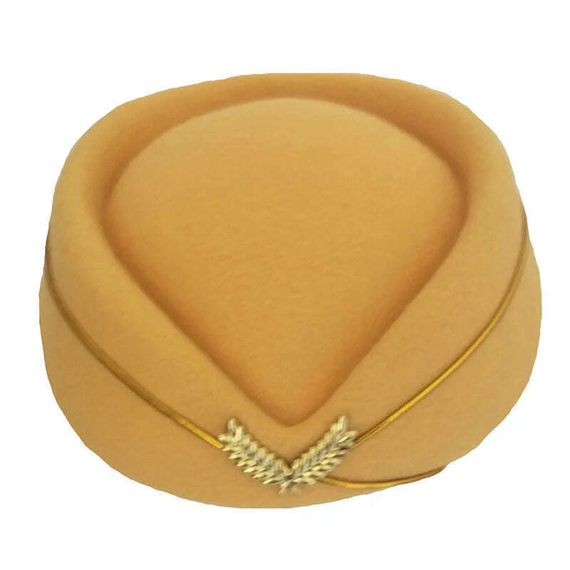 KIMLUD, Women Imitation Felt Cap Ladies Pillbox Hats with Gold insignia Solid Beret Stewardess Air Hostesses Hat Base Sweet Fedoras, Yellow / 56-58cm, KIMLUD APPAREL - Womens Clothes