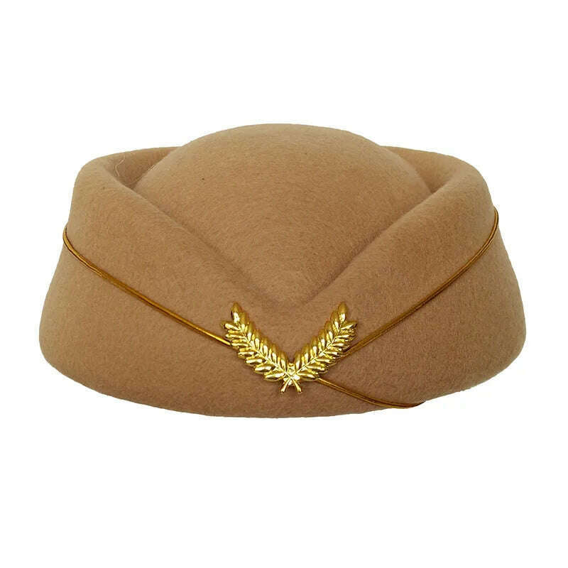 KIMLUD, Women Imitation Felt Cap Ladies Pillbox Hats with Gold insignia Solid Beret Stewardess Air Hostesses Hat Base Sweet Fedoras, Camel / 56-58cm, KIMLUD APPAREL - Womens Clothes