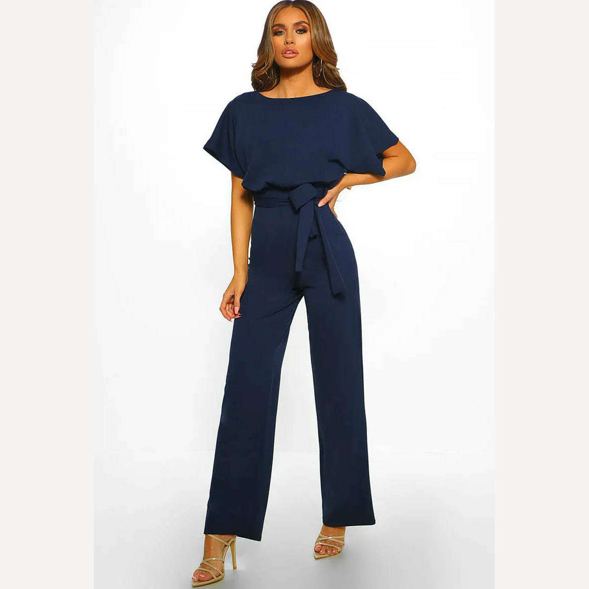 Women Jumpsuit Elegant Short Sleeve Hollowed Waist Tie Solid Summer Wide Leg Pants Bodysuit Overalls Wide Leg Cropped Pants - KIMLUD