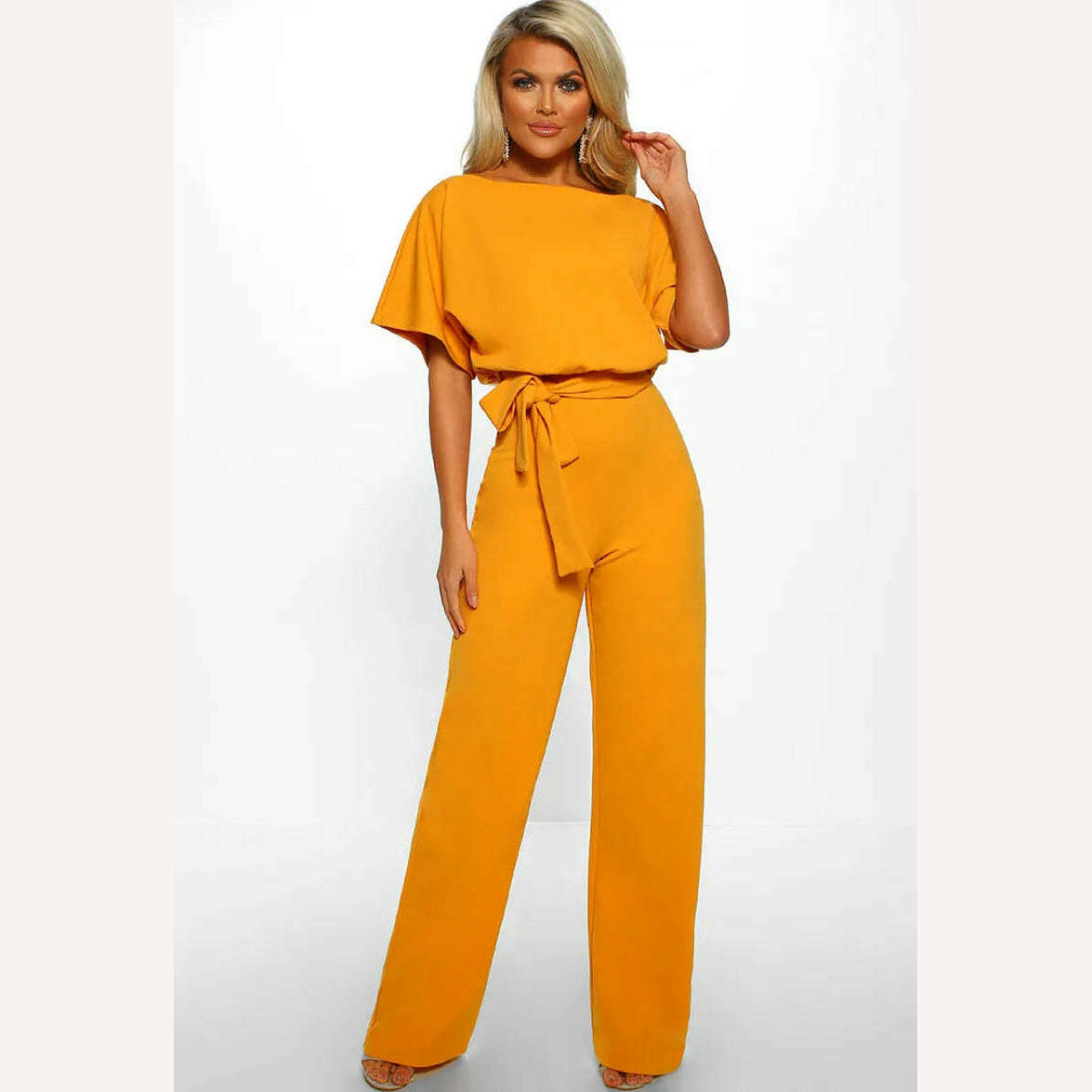 Women Jumpsuit Elegant Short Sleeve Hollowed Waist Tie Solid Summer Wide Leg Pants Bodysuit Overalls Wide Leg Cropped Pants - KIMLUD