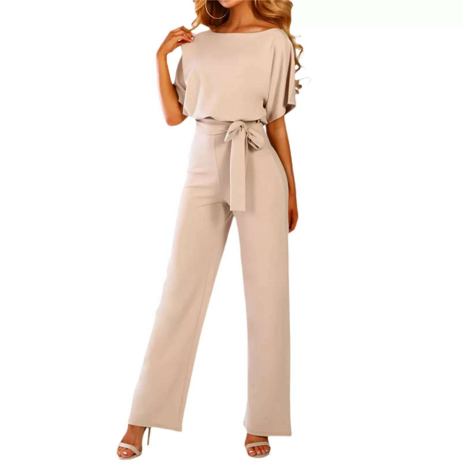 Women Jumpsuit Elegant Short Sleeve Hollowed Waist Tie Solid Summer Wide Leg Pants Bodysuit Overalls Wide Leg Cropped Pants - KIMLUD