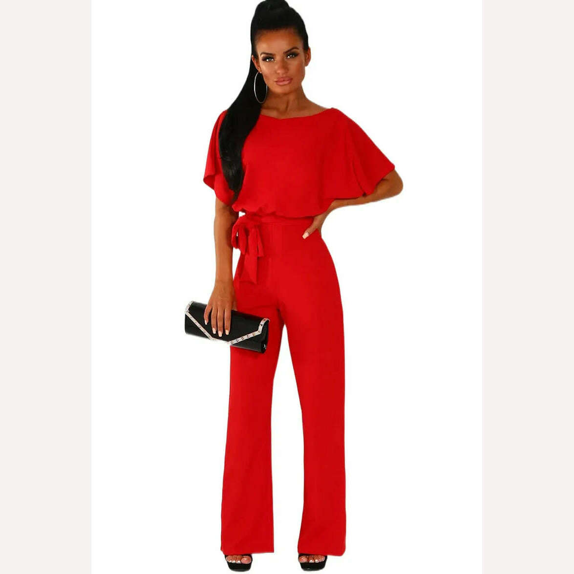 Women Jumpsuit Elegant Short Sleeve Hollowed Waist Tie Solid Summer Wide Leg Pants Bodysuit Overalls Wide Leg Cropped Pants - KIMLUD